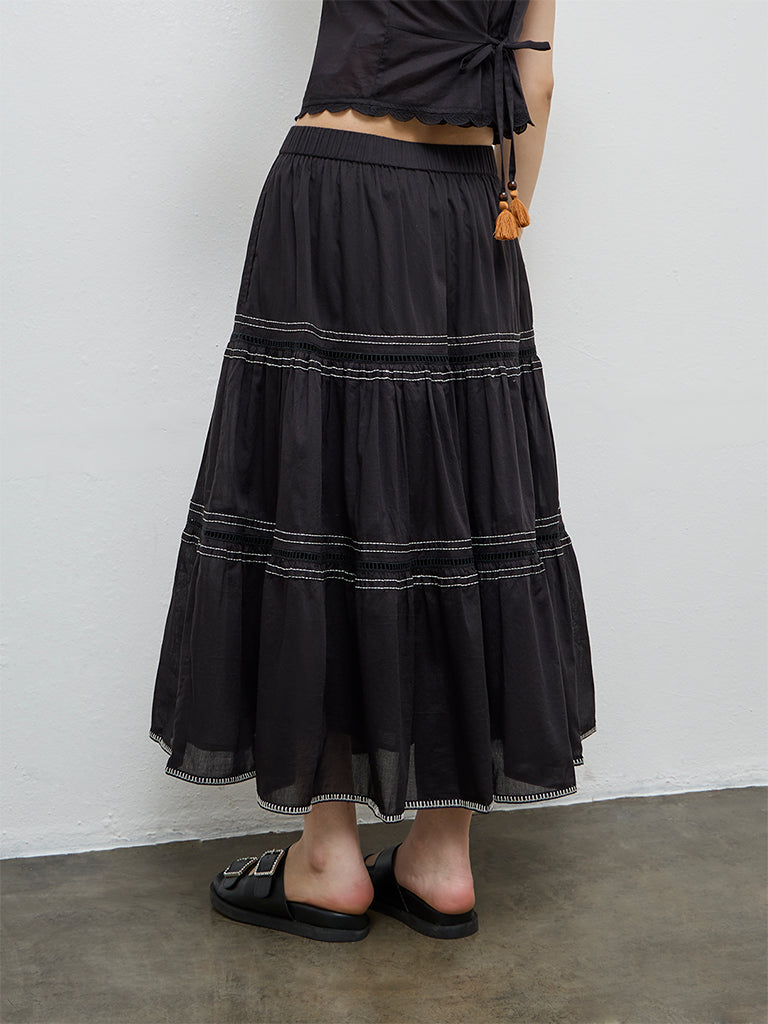 Bombay Paisley Black Cotton Tiered Skirt