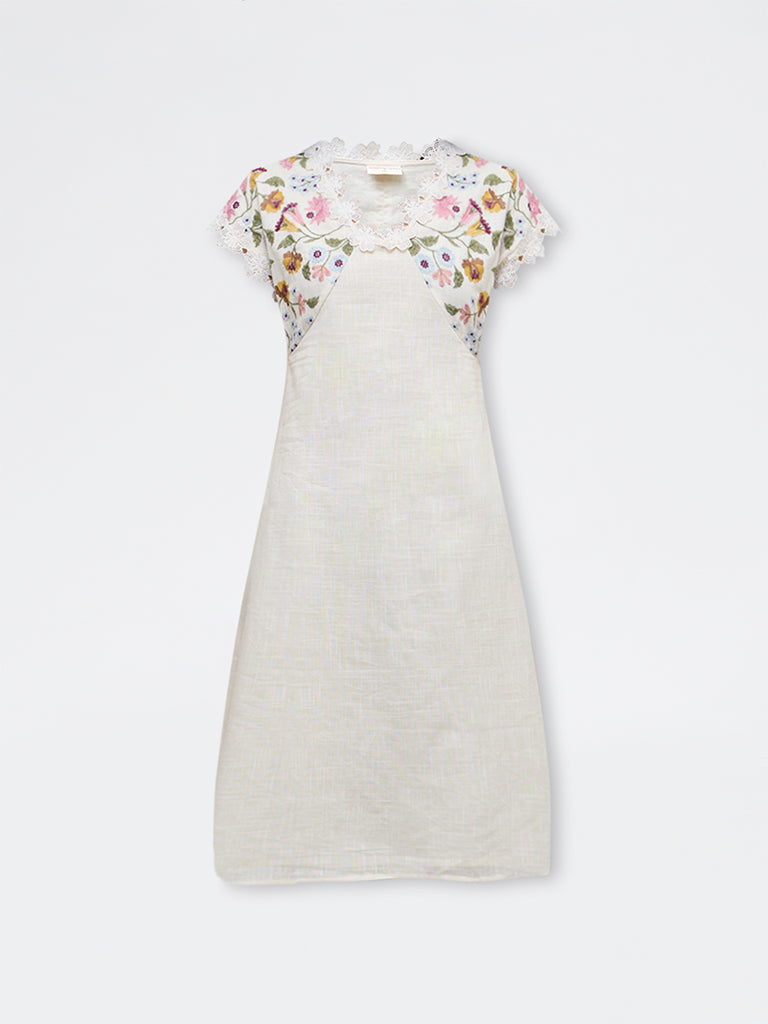 Bombay Paisley Off-White Embroidered Cotton A-Line Dress