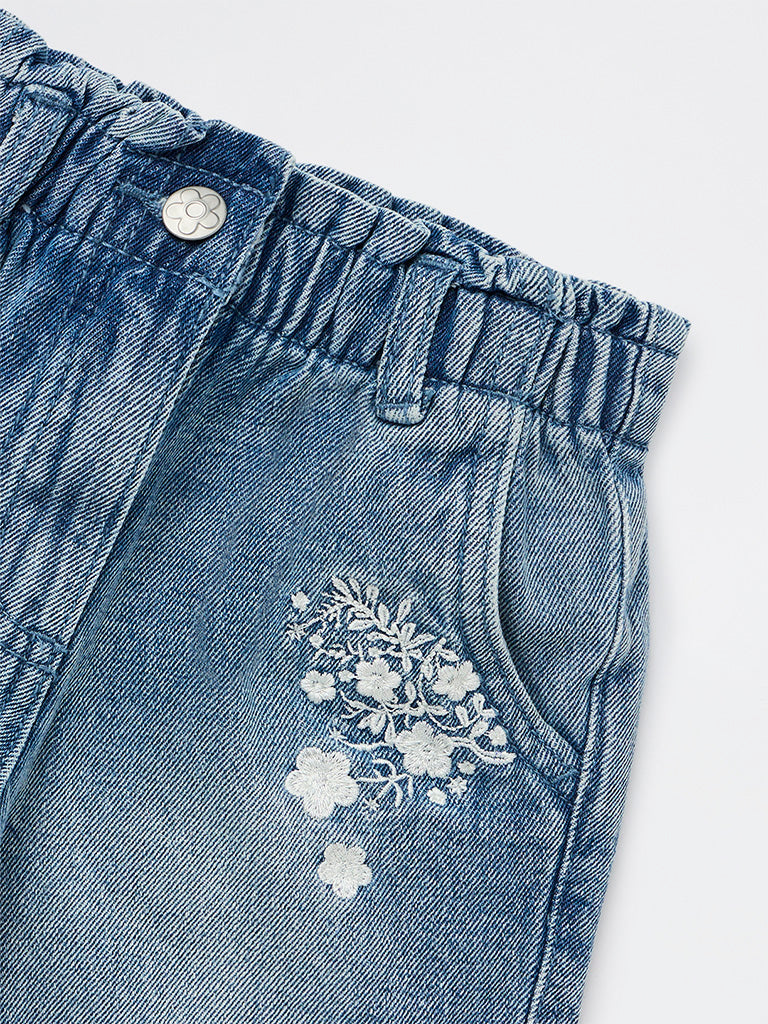 HOP Kids Girls Blue Embroidered High-Rise Denim Shorts
