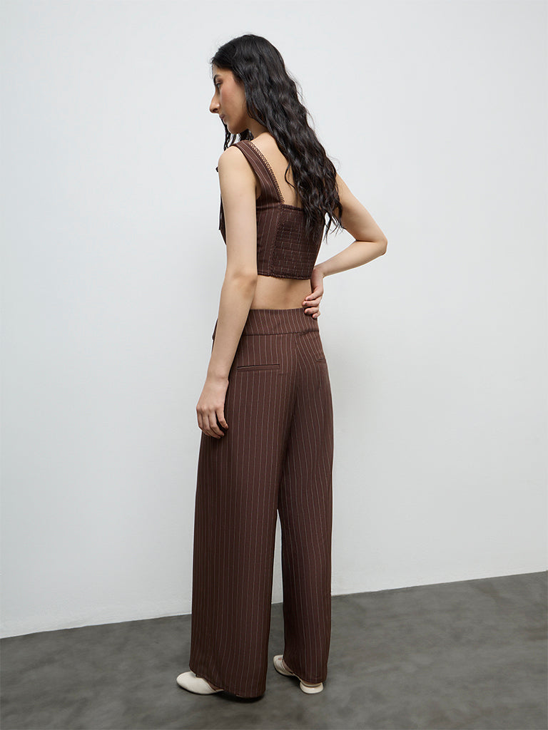 Nuon Dark Brown Striped High-Rise Pants
