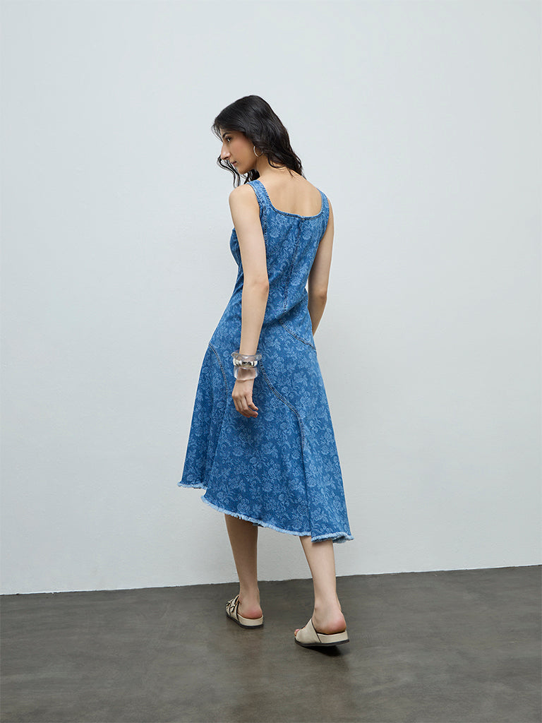 Bombay Paisley Blue Floral Denim A-Line Dress