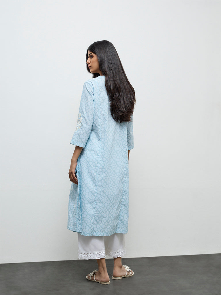 Utsa Light Blue Floral Embroidered Cotton-Blend A-Line Kurta