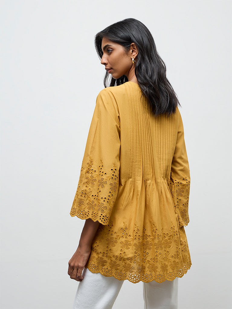 Utsa Mustard Schiffli Embroidered Cotton Tunic