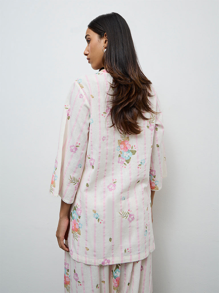 Utsa Off-White Printed Straight Cotton-Blend Kurti