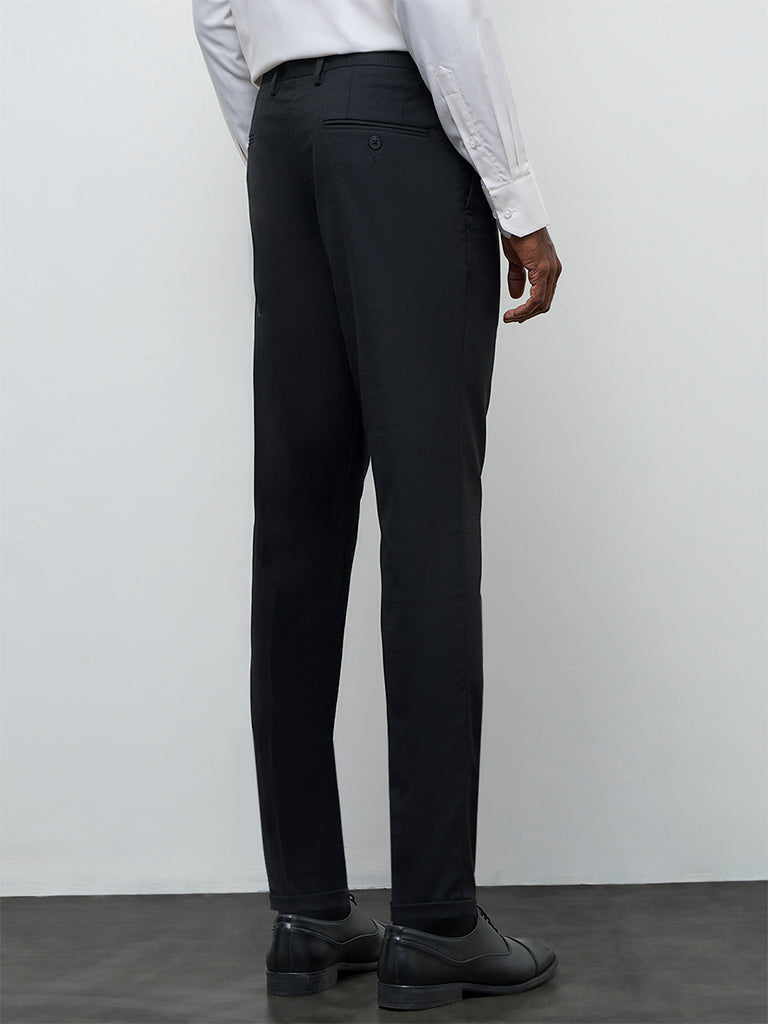 WES Formals Black Slim-Fit Mid-Rise Trousers
