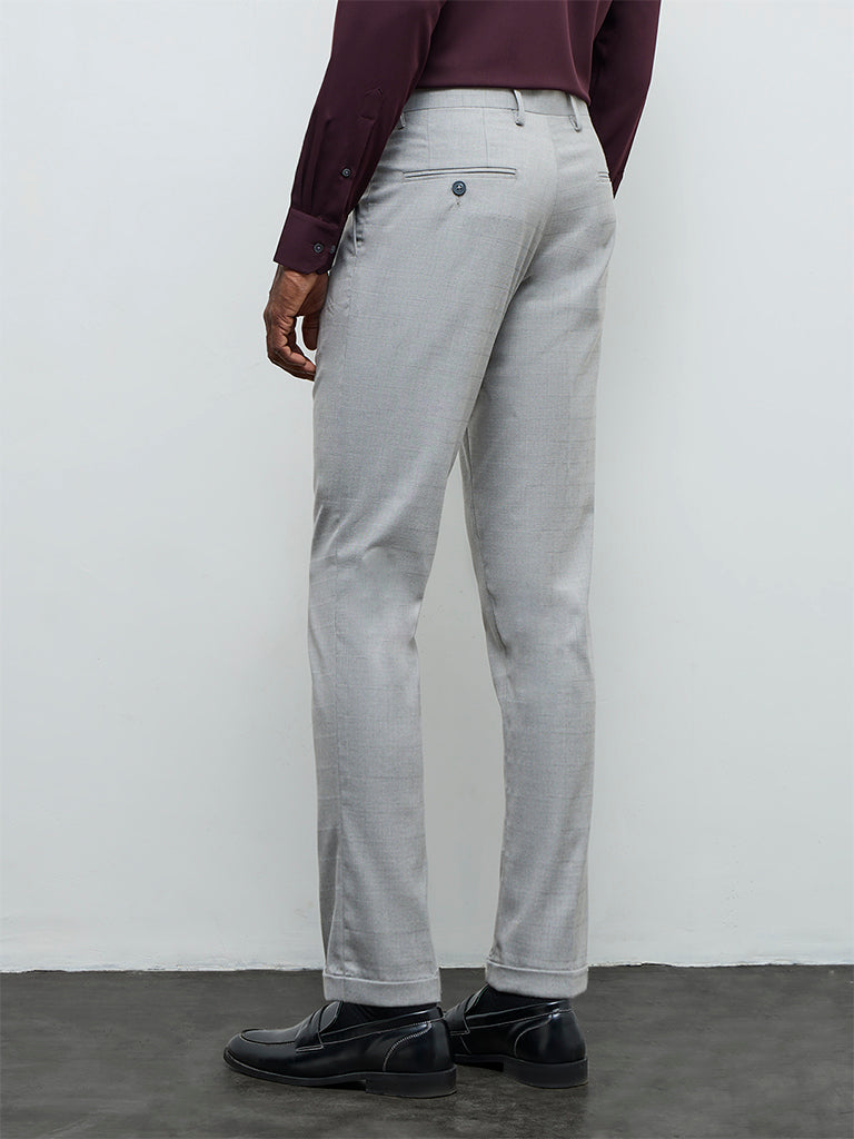 WES Formals Grey Slim-Fit Mid-Rise Trousers