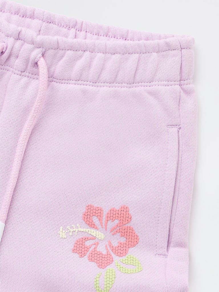 HOP Kids Girls Lilac Floral Design High-Rise Cotton Shorts