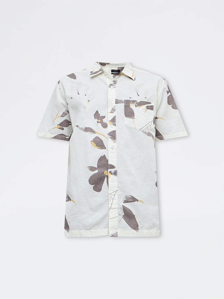 WES Casuals Off-White Printed Relaxed Fit Cotton-Blend Shirt