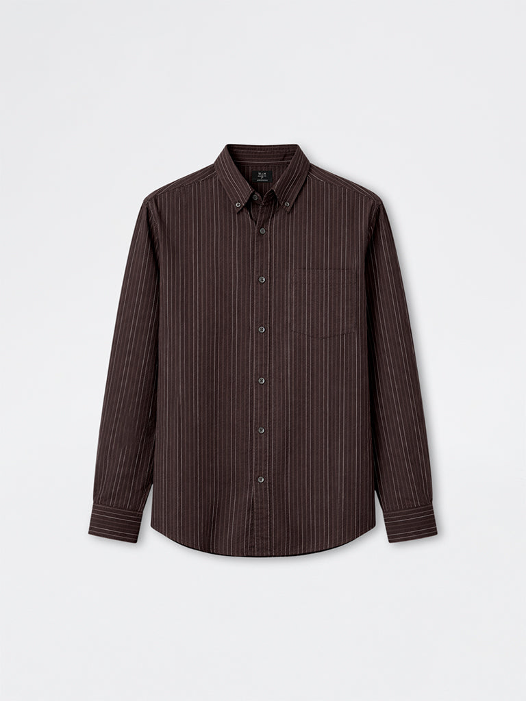 WES Casuals Dark Brown Striped Relaxed-Fit Cotton Shirt