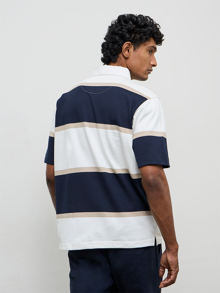 WES Casuals Navy Striped Relaxed Fit Polo Cotton-Blend T-Shirt
