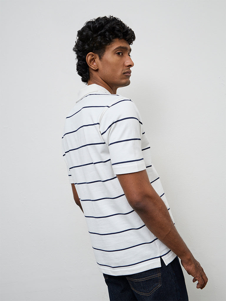 WES Casuals Off-White Striped Relaxed Fit T-Shirt