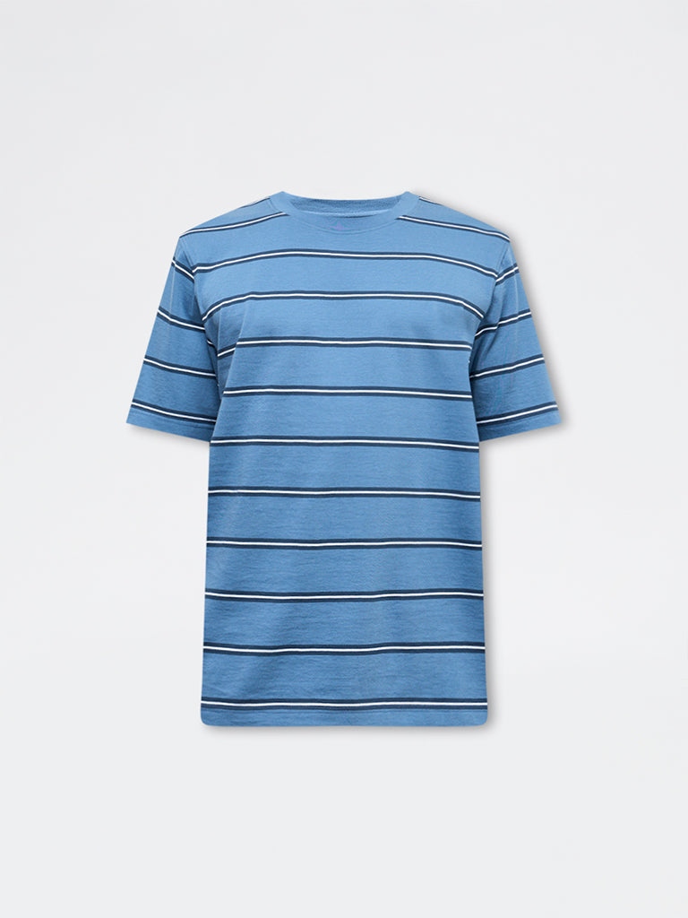 WES Casuals Blue Striped Relaxed-Fit Cotton T-Shirt