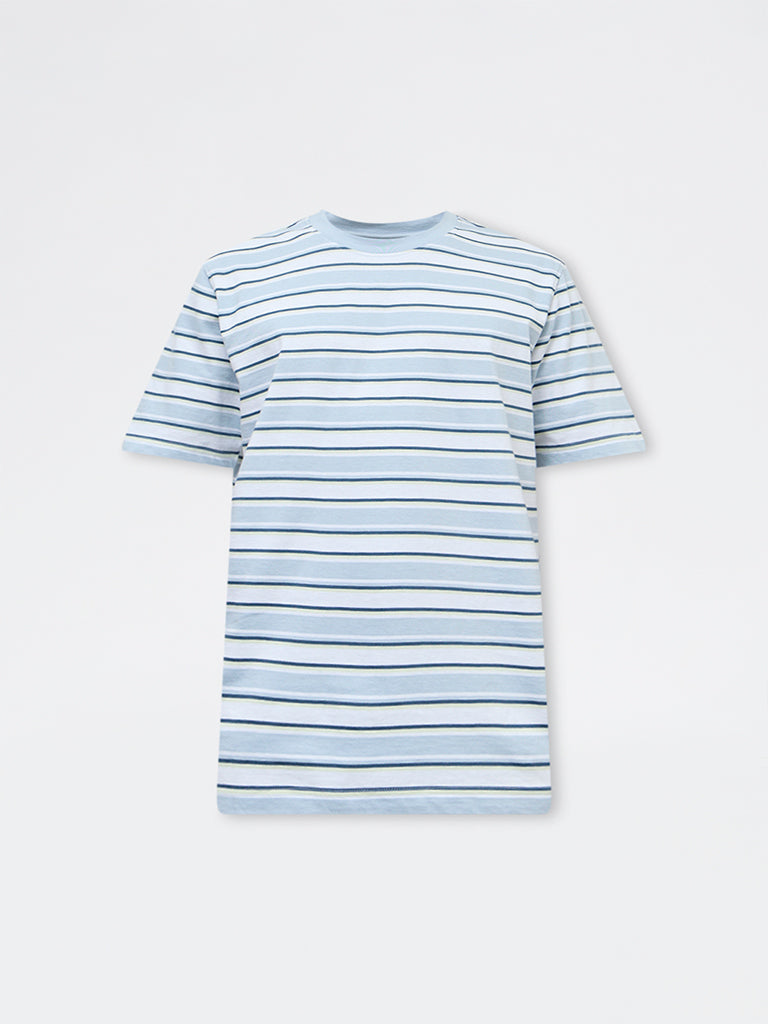WES Casuals Light Blue Striped Relaxed Fit Cotton T-Shirt
