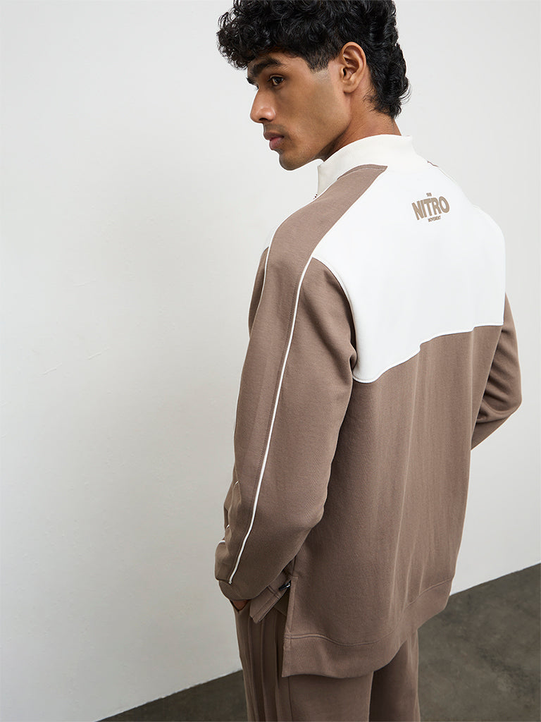 Nuoflexx Taupe Colour-Blocked Relaxed Fit Cotton-Blend Jacket