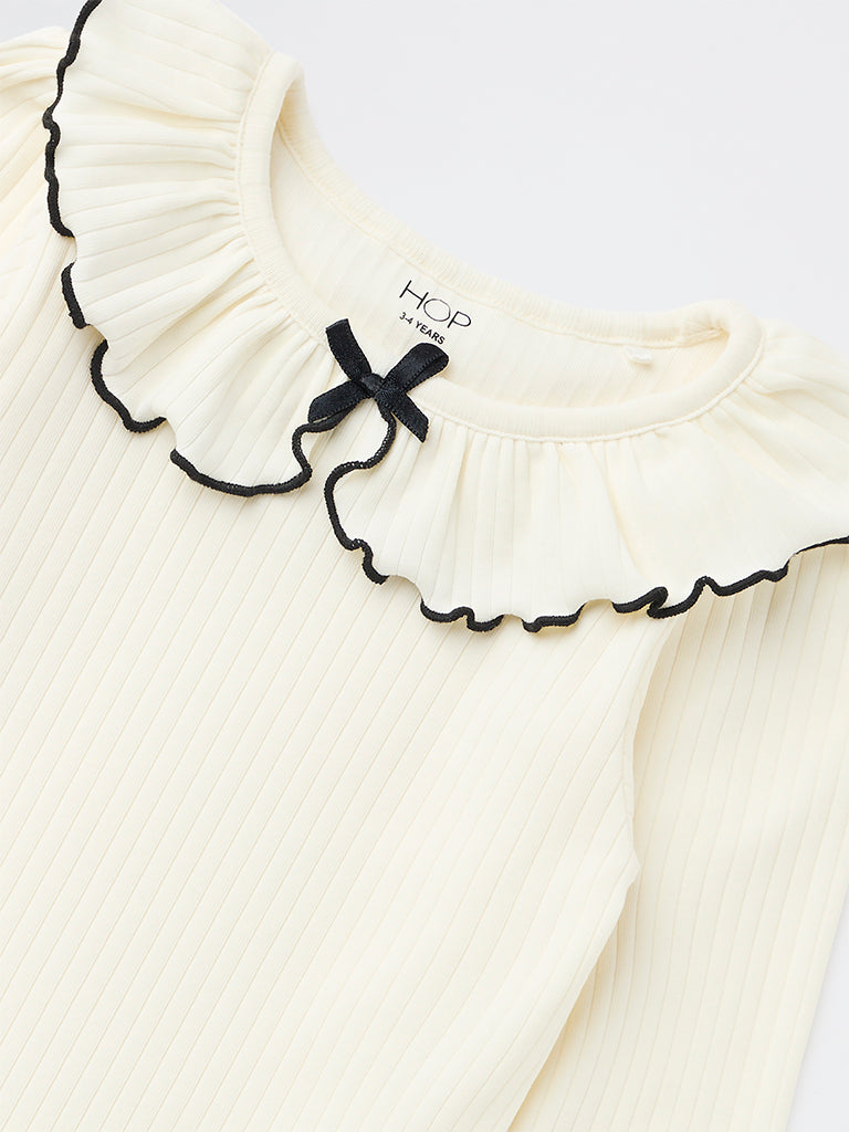 HOP Kids Girls Off-White Ribbed Bow-Detail Cotton-Blend Top