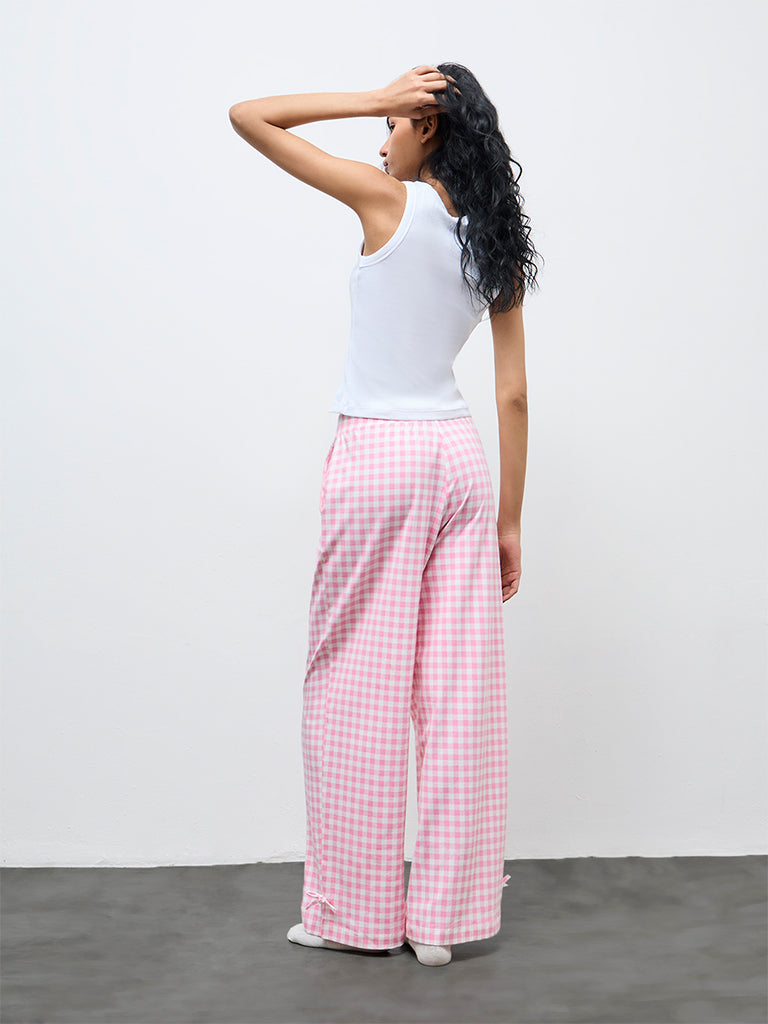 Superstar Pink Gingham Checkered High-Rise Cotton-Blend Pants