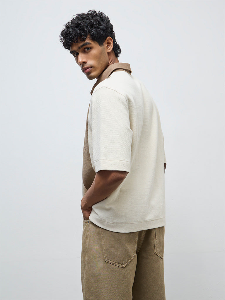 Nuon Taupe Color-Blocked Relaxed-Fit Cotton Polo T-Shirt
