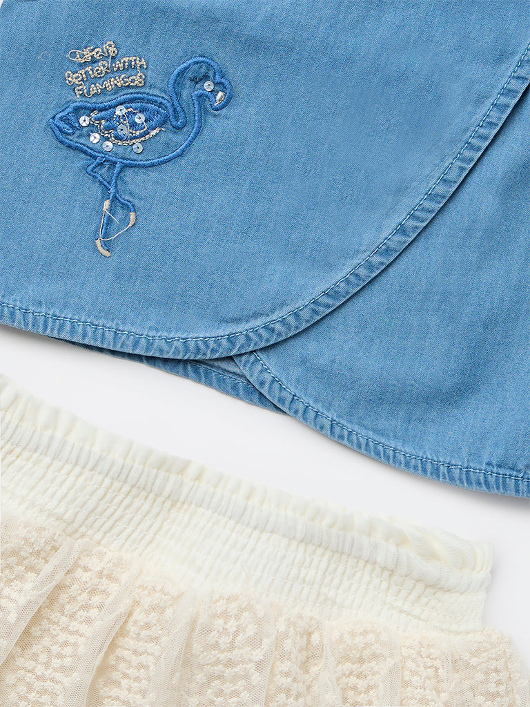 HOP Baby Girls Blue Embroidered Cotton Top and Skirt Set