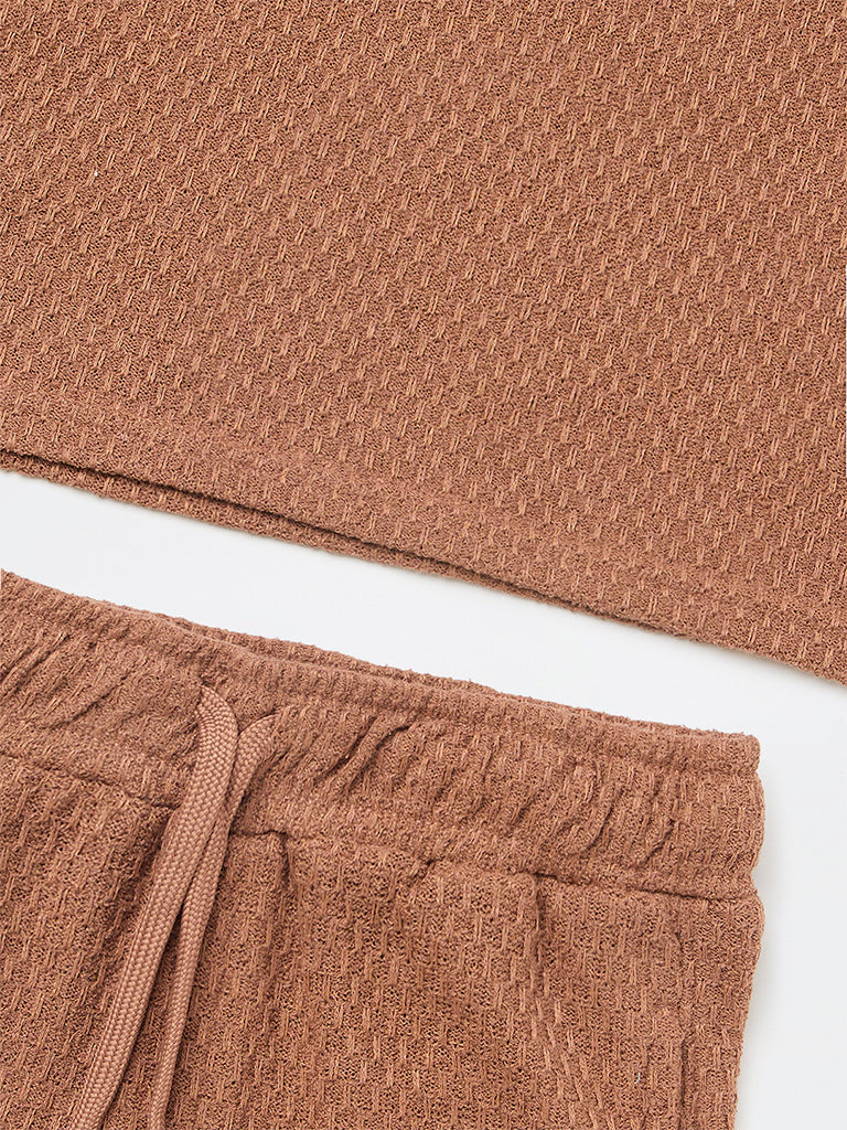 Boys Brown Textured Cotton-Blend T-Shirt and Shorts Set