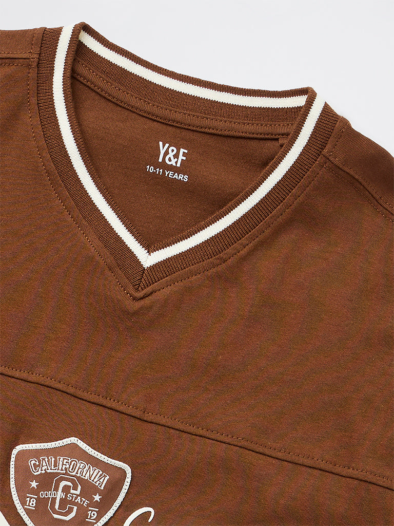 Boys Brown Numerical Printed Cotton T-Shirt
