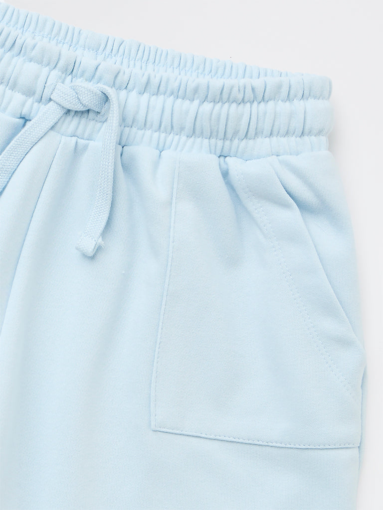 Girls Light Blue Solid High-Rise Cotton-Blend Shorts