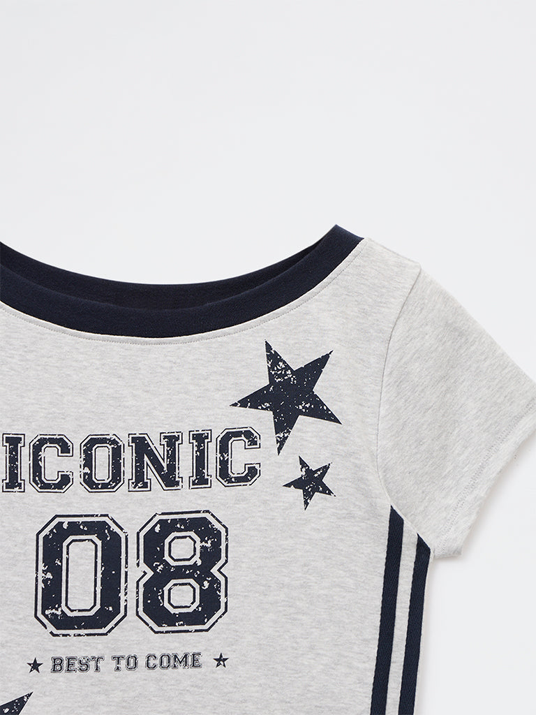 Girls Grey Printed Cotton-Blend T-Shirt