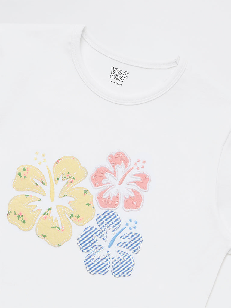 Girls White Floral Embroidered Cotton-Blend T-Shirt