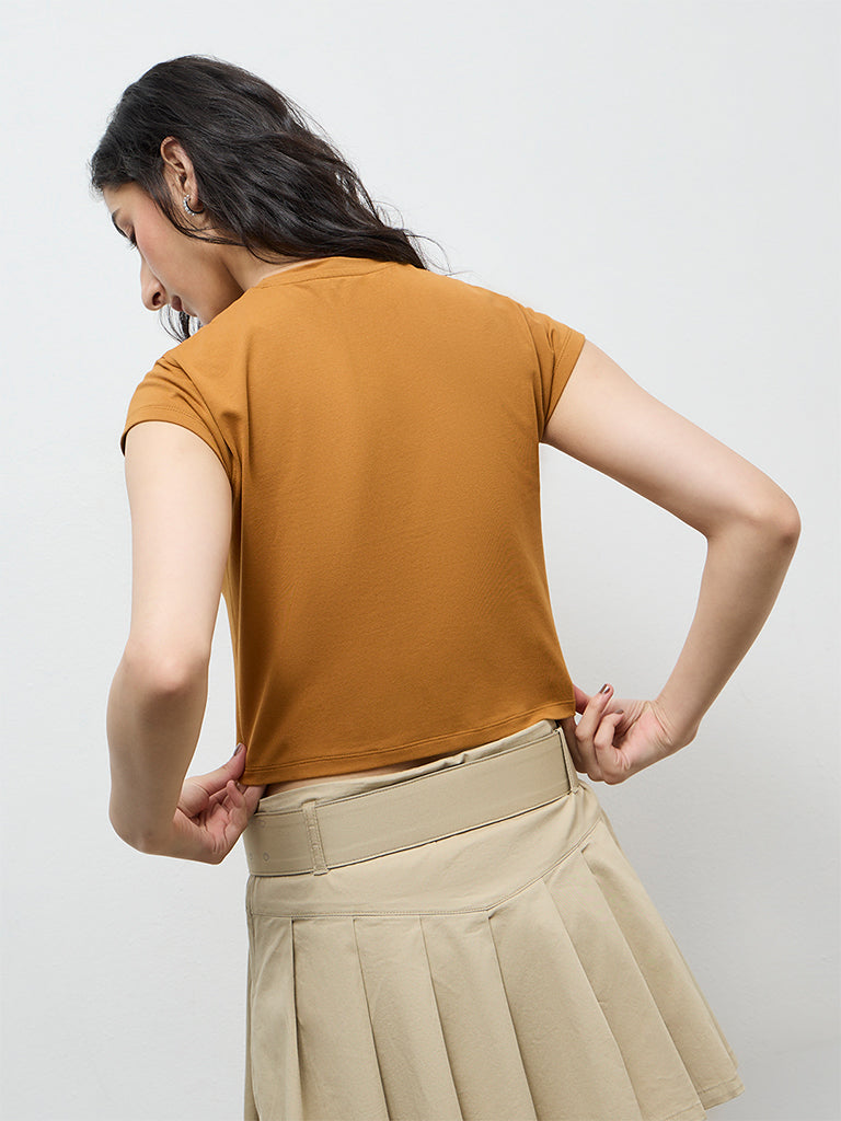 Nuon Mustard Text-Printed Cotton-Blend T-Shirt