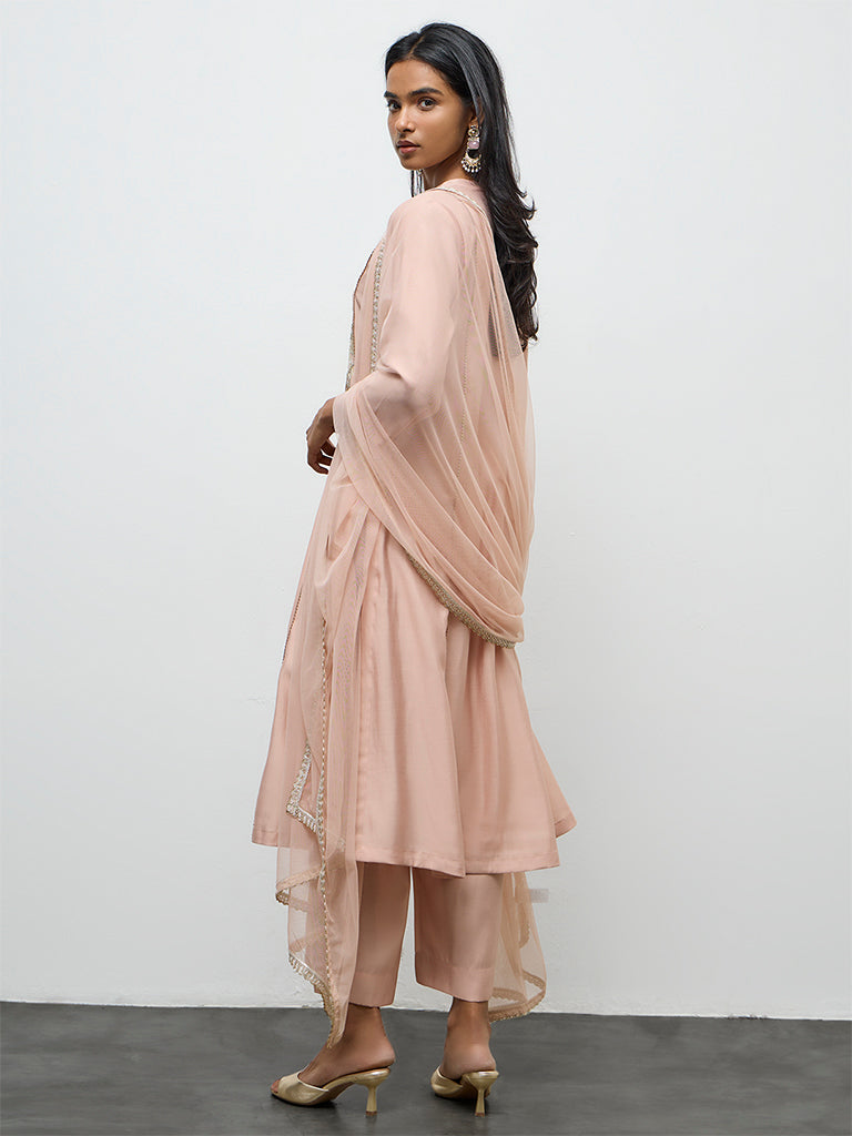 Vark Peach Embroidered A-Line Ethnic Set