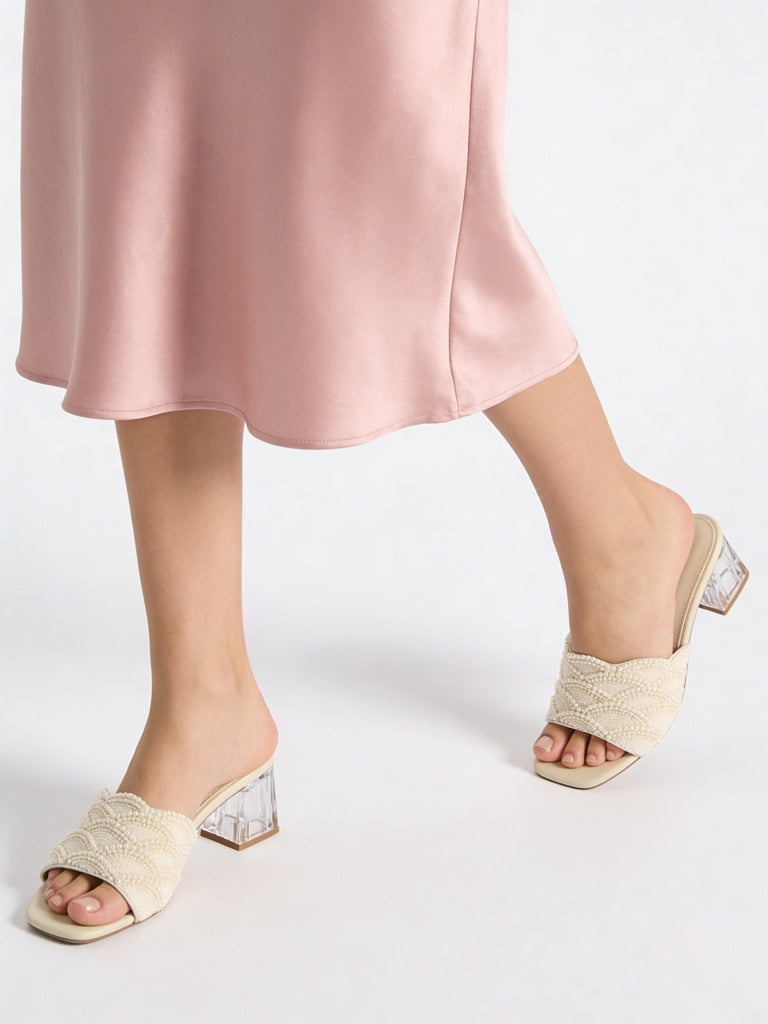 LUNA BLU Ivory Pearl-Detailed Block-Heel Sandals