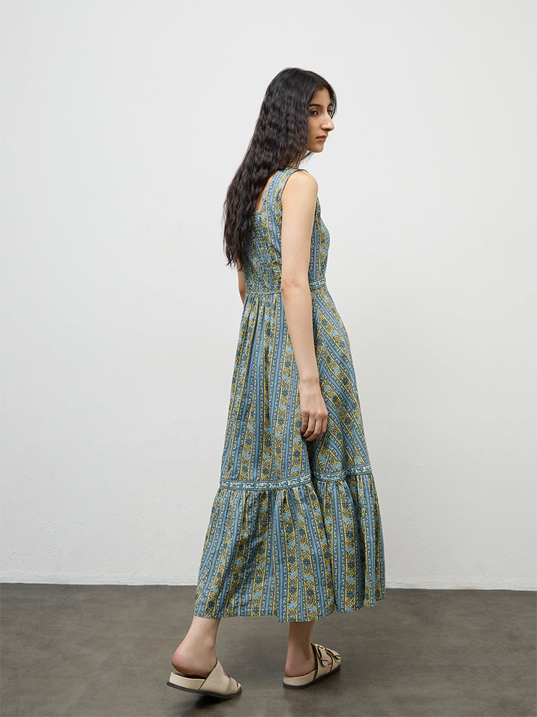 Bombay Paisley Blue Floral Printed Cotton A-Line Dress