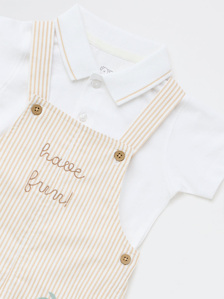 HOP Baby Boys Beige Cotton Dungaree with T-Shirt Set