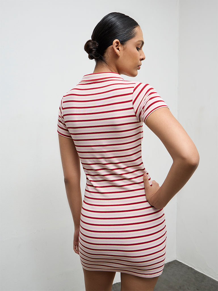 Nuoflexx Pink Striped Cotton-Blend Bodycon Dress