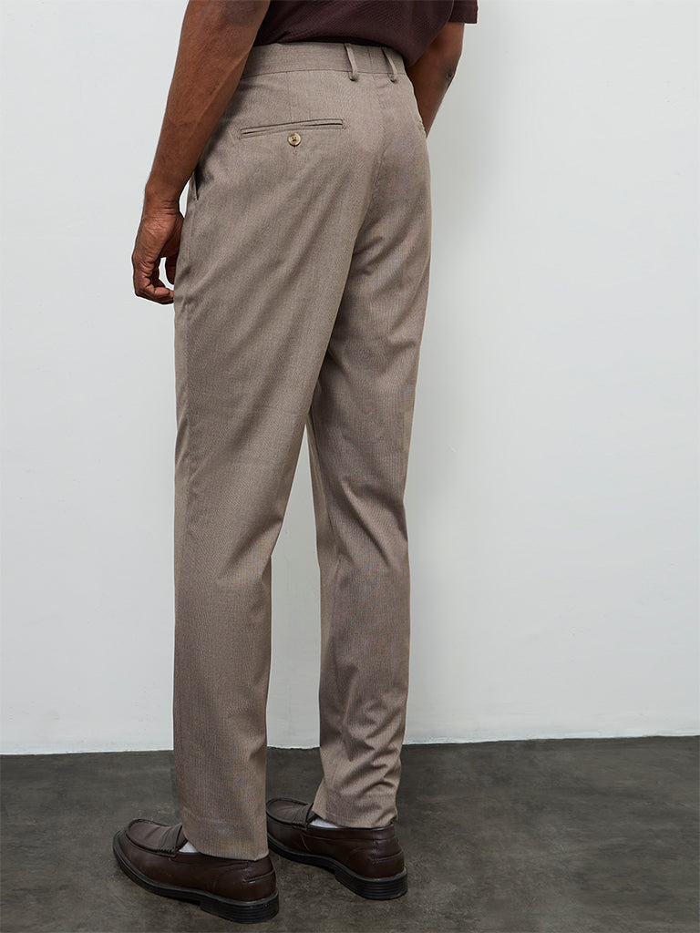 WES Formals Taupe Solid Relaxed-Fit Mid-Rise Trousers