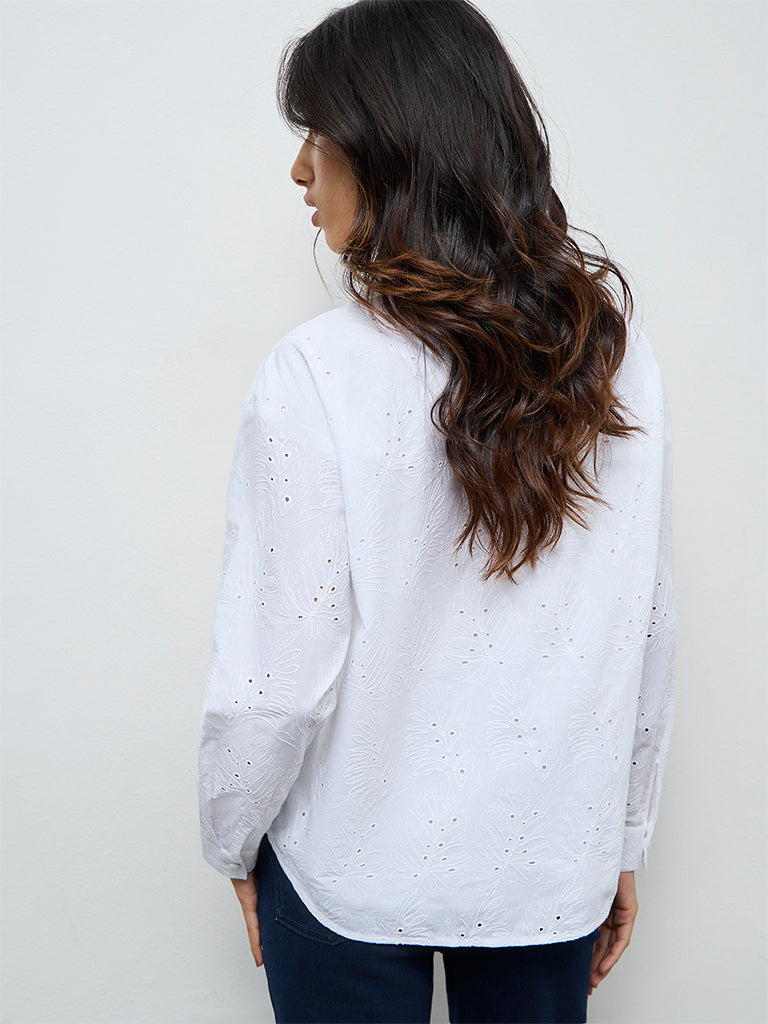 LOV White Schiffli Embroidered Cotton Shirt