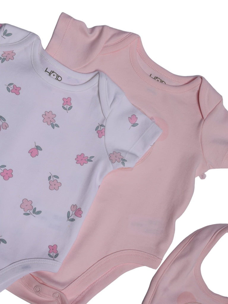 HOP Baby Girls Pink Cotton Romper with Bib - Pack of 3