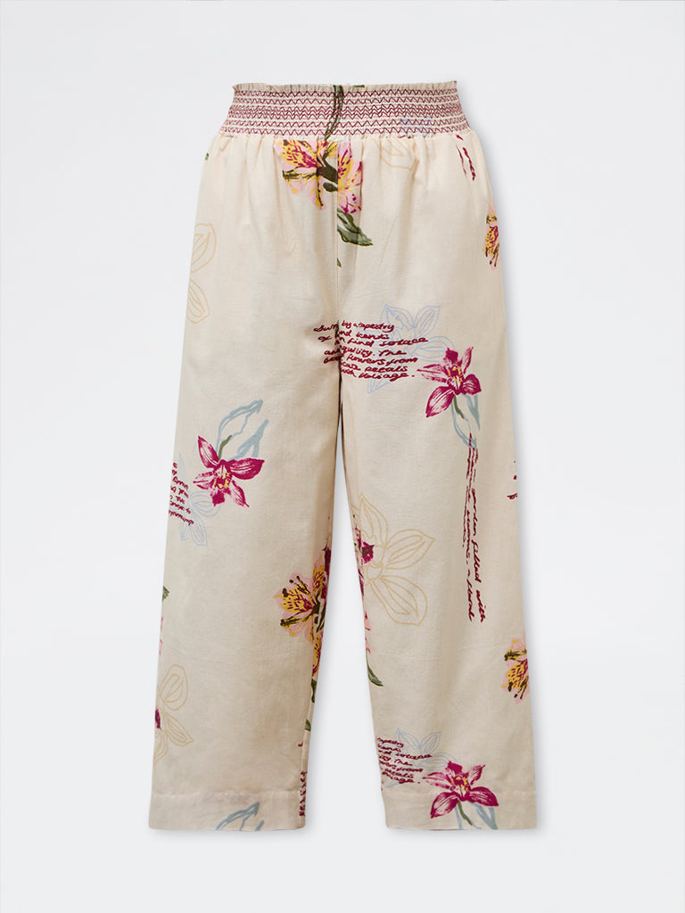Gia Cream Floral Design High-Rise Cotton-Blend Trousers