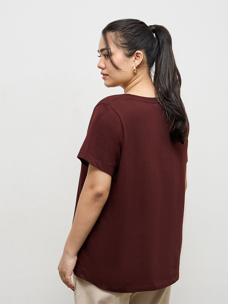 Gia Dark Brown Leaf Design Cotton T-Shirt