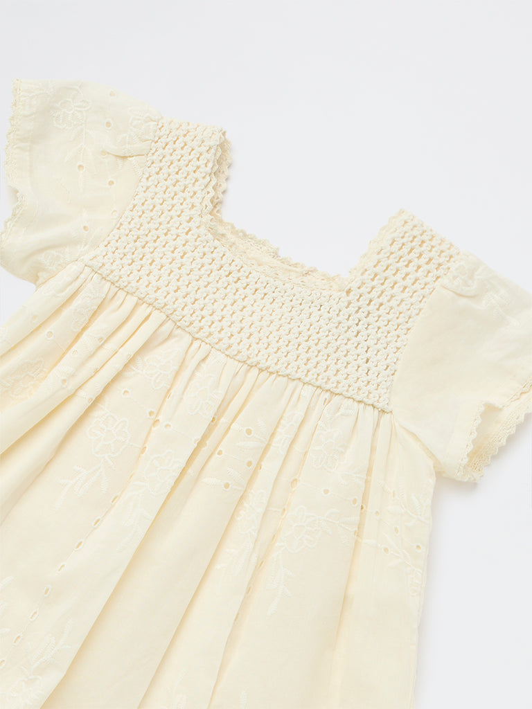 HOP Baby Girls Off-White Knit-Textured Cotton A-Line Dress