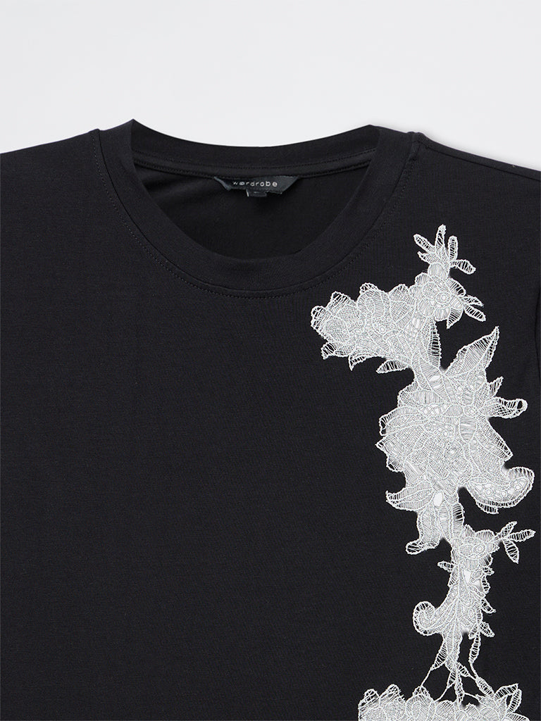 Wardrobe Black Embroidered Cotton-Blend T-Shirt