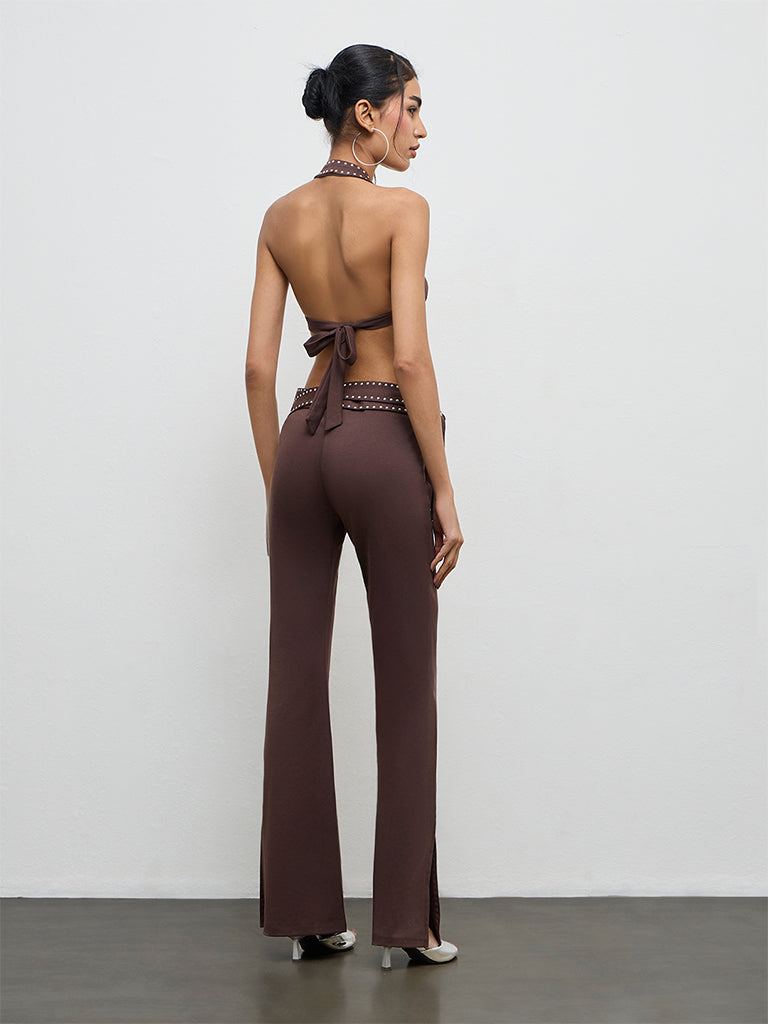 Nuon Brown Stud-Detailed High-Rise Trousers