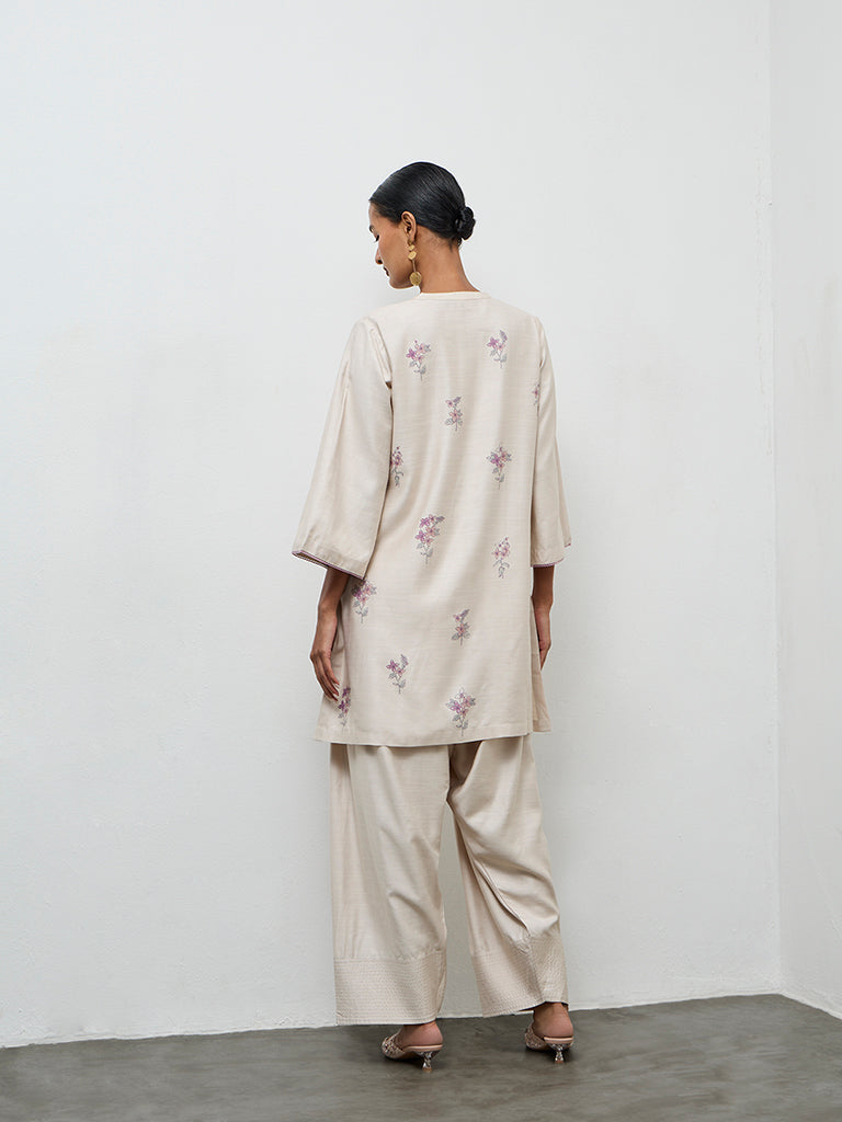 Zuba Beige Floral Pattern Straight Kurta