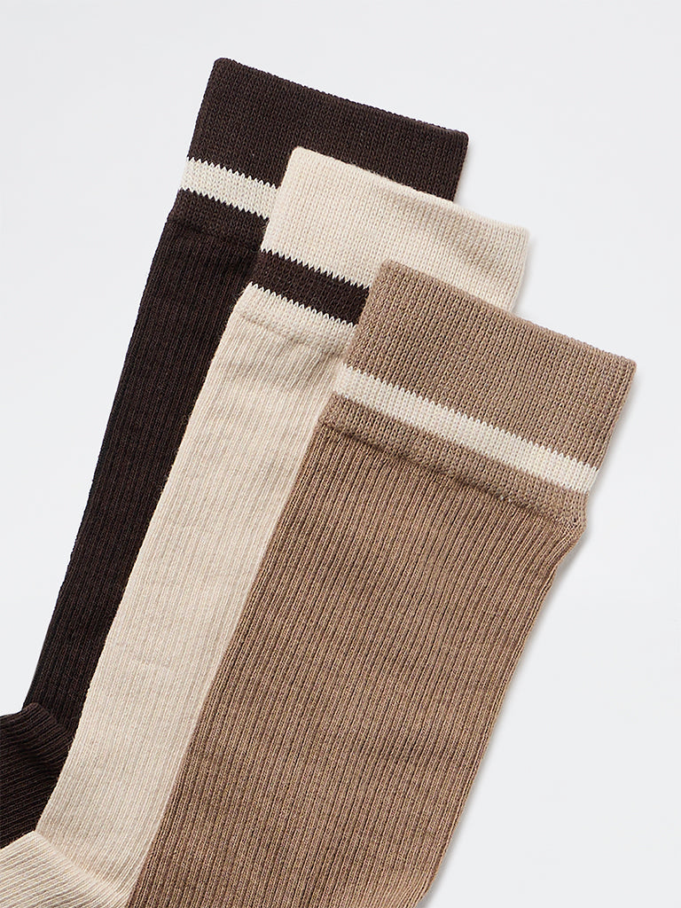 WES Lounge Brown Solid Cotton-Blend Full-Length Socks - Pack of 3