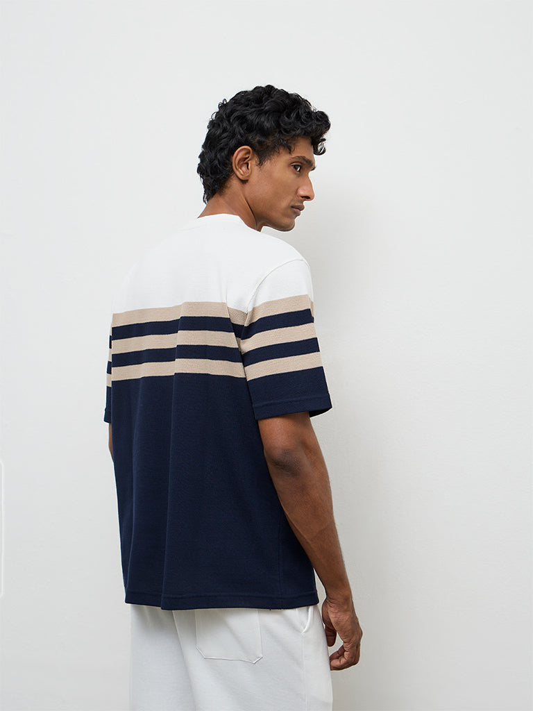 WES Lounge Navy Striped Relaxed-Fit Cotton T-Shirt