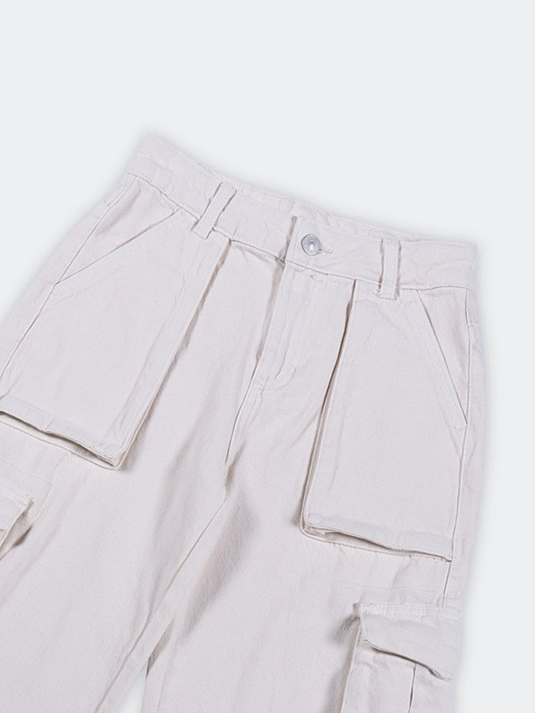 Boys Stone Cargo Pocket Wide-Leg Jeans