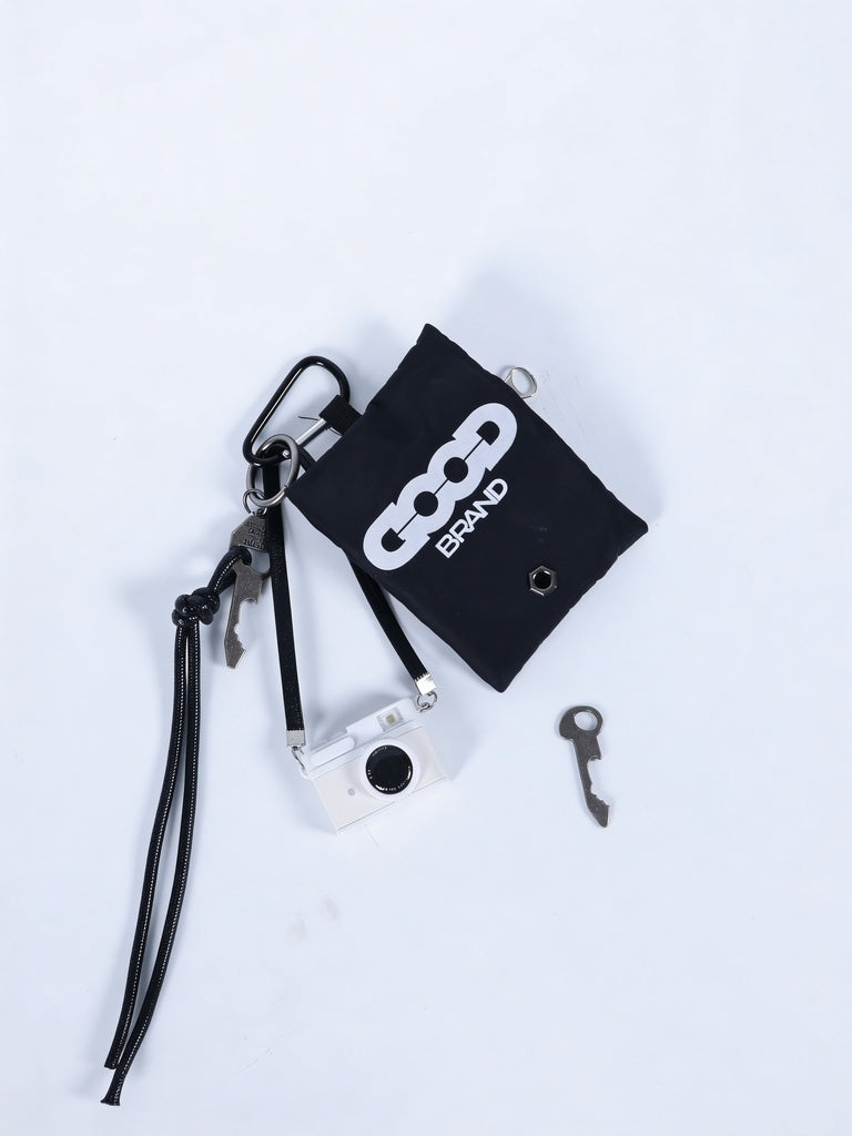 Black Logo Print Pouch With White Camera Charm Accessory