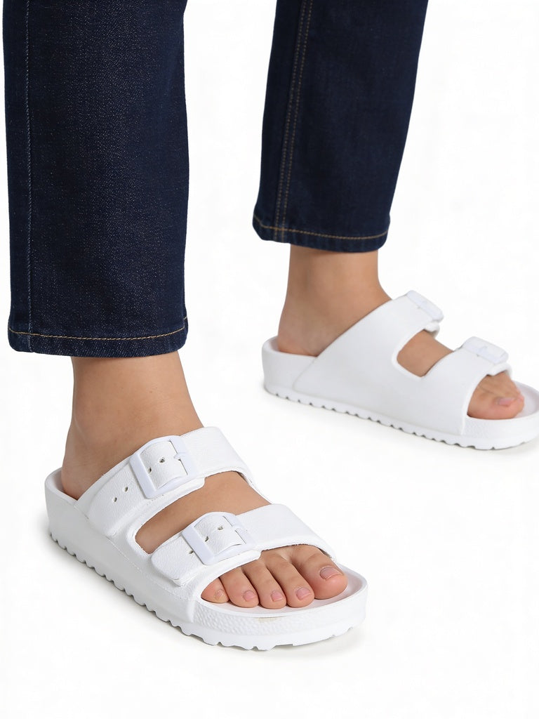 LUNA BLU White Double Buckle Slip-On Sandals