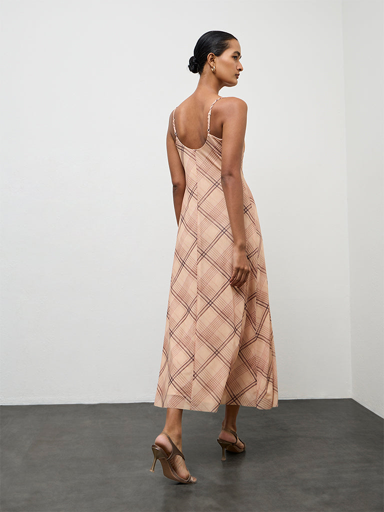 Wardrobe Beige Checks Design A Line Dress