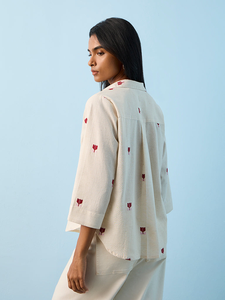 Utsa Beige Embroidered Cotton-Blend Tunic
