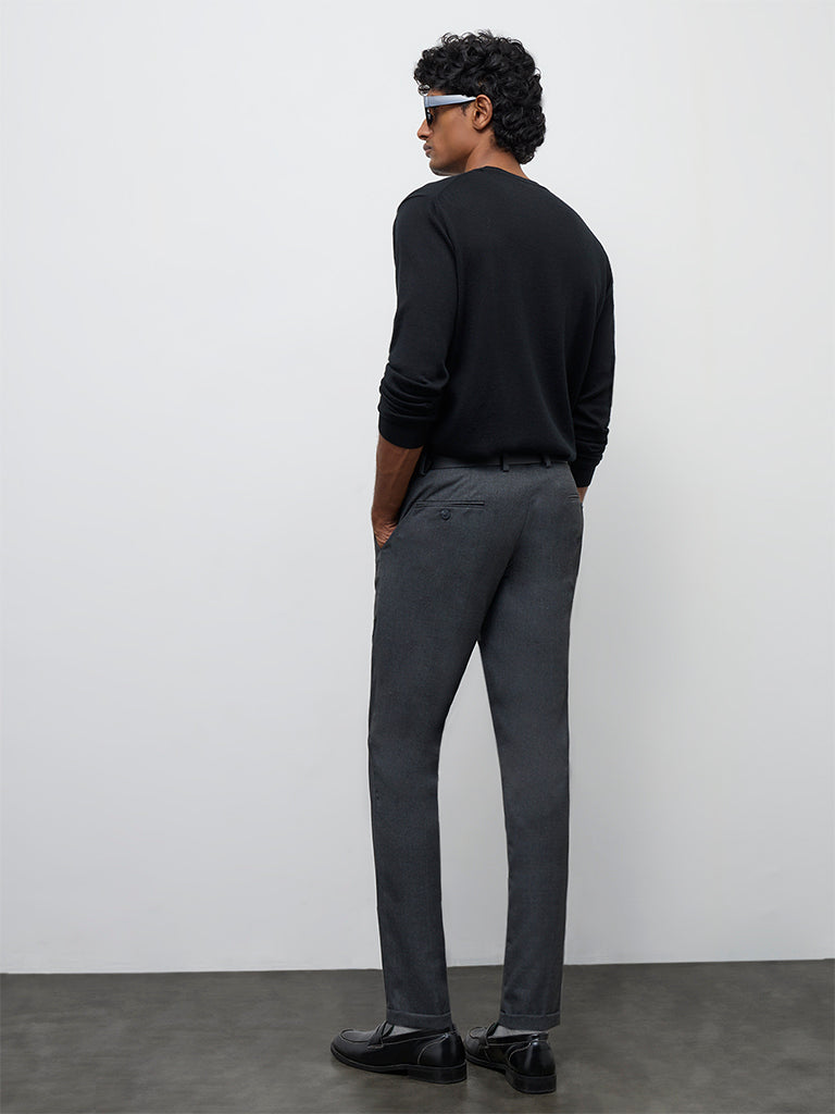 WES Formals Grey Slim-Fit Mid-Rise Trousers